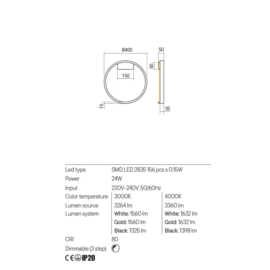 Redo 01-2817 - LED ljusreglerad vägglampa FEBE LED/24W/230V guld