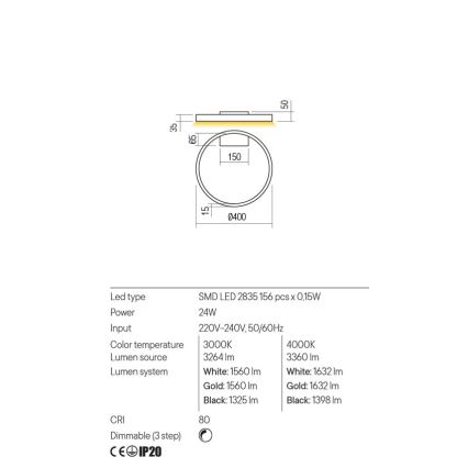Redo 01-2835 - LED ljusreglerad vägglampa FEBE LED/24W/230V guld
