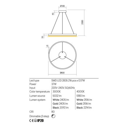 Redo 01-2865 - LED ljusreglerad ljuskrona på textilsladd FEBE LED/37W/230V guld