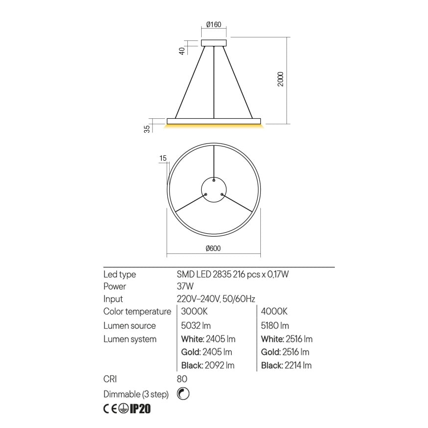 Redo 01-2865 - LED ljusreglerad ljuskrona på textilsladd FEBE LED/37W/230V guld
