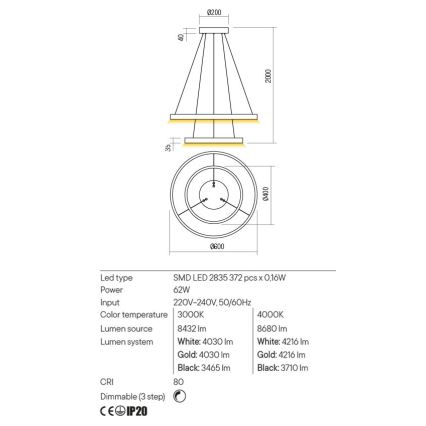 Redo 01-2889 - LED ljusreglerad ljuskrona på textilsladd FEBE LED/62W/230V guld