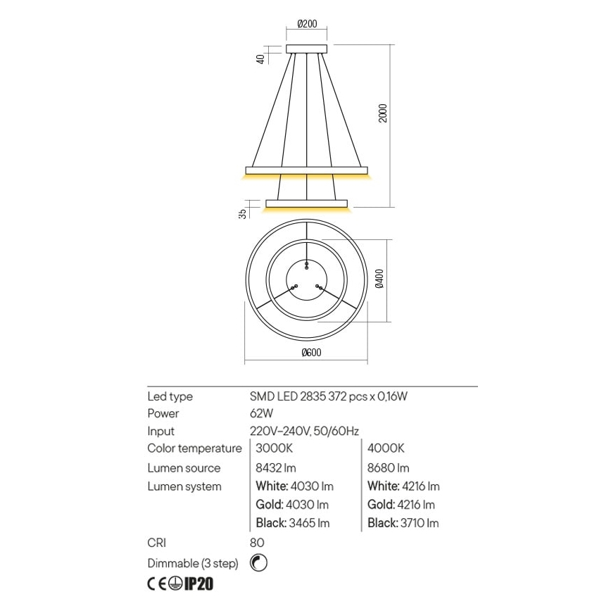 Redo 01-2889 - LED ljusreglerad ljuskrona på textilsladd FEBE LED/62W/230V guld