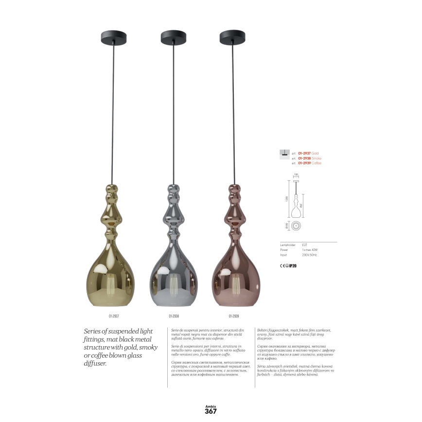 Redo 01-2937 - Pendellampa på sladd AMBIX 1xE27/42W/230V Ø 18 cm, guldfinish