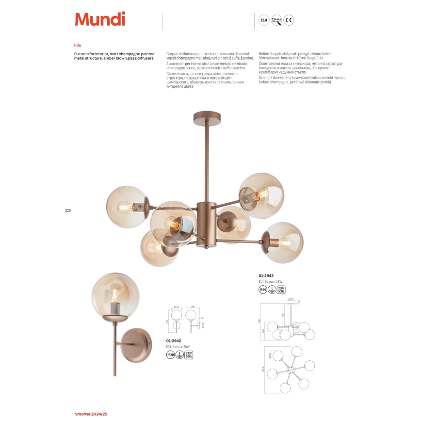 Redo 01-2942 - Vägglampa MUNDI 1xE14/28W/230V koppar