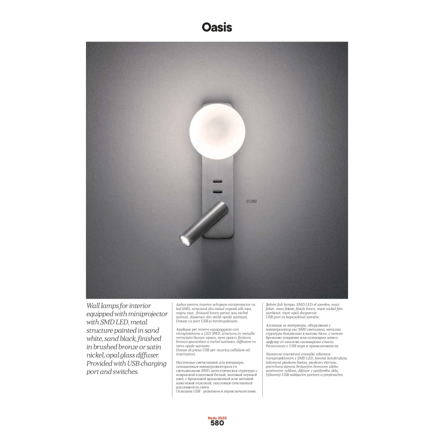 Redo 01-2993 - LED-vägglampa OASIS LED/3W/230V + 1xG9/10W USB CRI 90 polerad krom