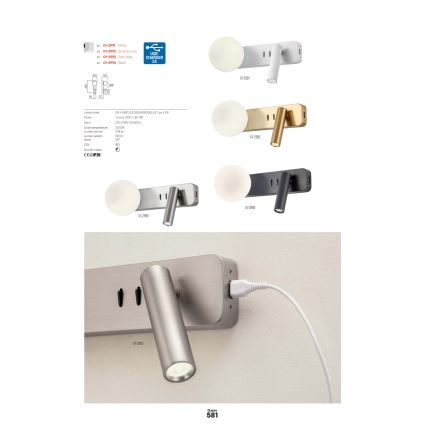 Redo 01-2993 - LED-vägglampa OASIS LED/3W/230V + 1xG9/10W USB CRI 90 polerad krom