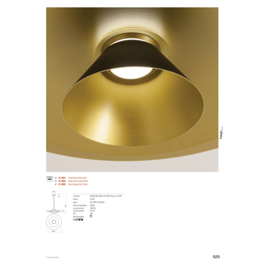 Redo 01-3001 - LED-pendel på vajer FARGO LED/16,5W/230V CRI 90 Ø 50 cm svart/guld