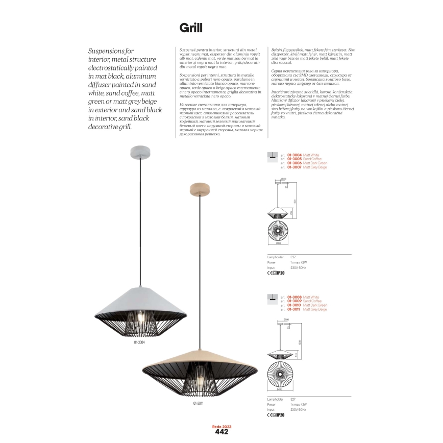 Redo 01-3007 - Pendellampa på kabel GRILL 1xE27/42W/230V Ø 39,6 cm svart/beige