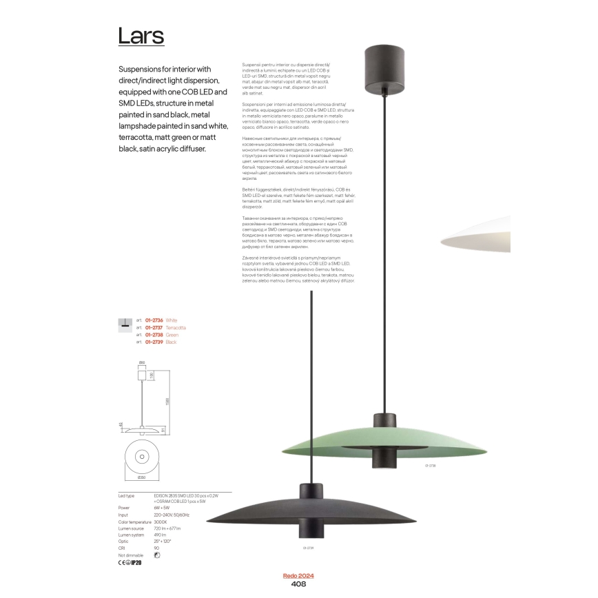 Redo 01-3021 - LED-pendel med wireupphängning LARS LED/14W/230V + LED/10W Ø 60 cm CRI 90 svart