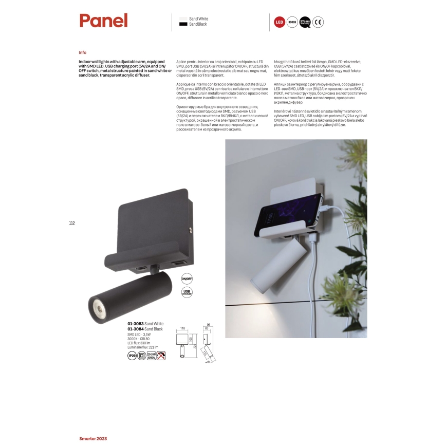 Redo 01-3083 - LED väggspotlight PANEL LED/3,5W/230V USB vit