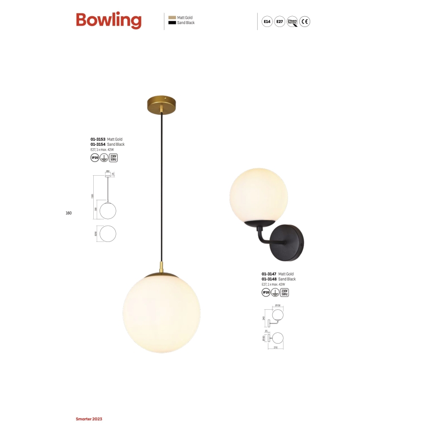 Redo 01-3147 - Vägglampa BOWLING 1xE27/42W/230V guld