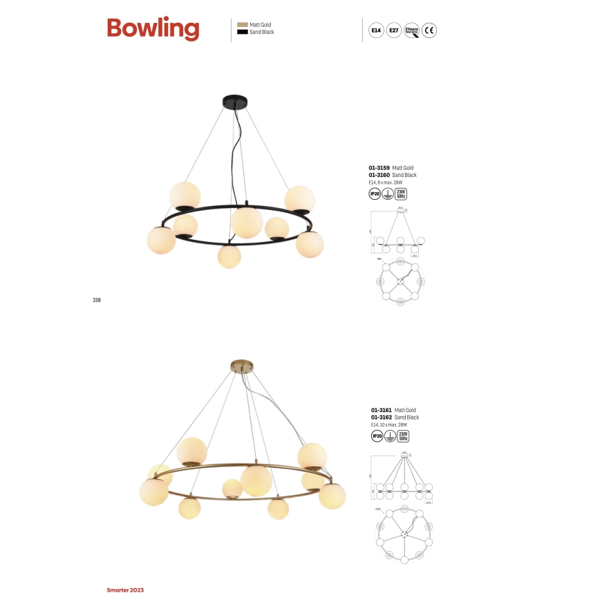 Redo 01-3157 - Ljuskrona med textilsladd BOWLING 6xE14/28W/230V guld