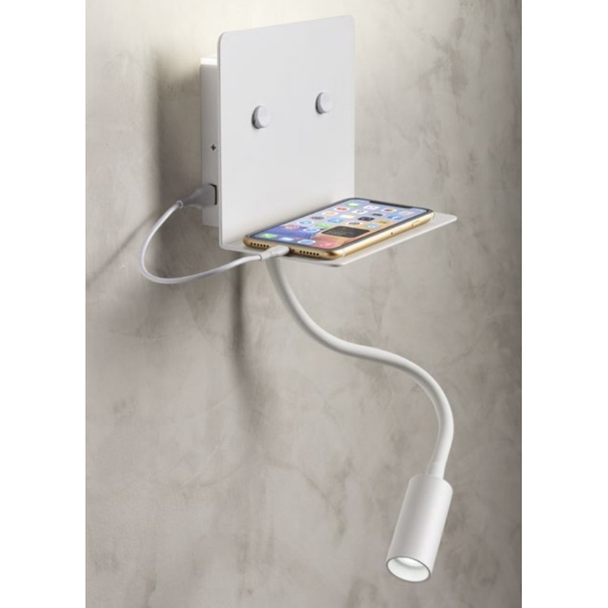 Redo 01-3210 - LED väggbelysning med en flexible liten lampa MOKA LED/6W + LED/3W/230V USB CRI90 vit