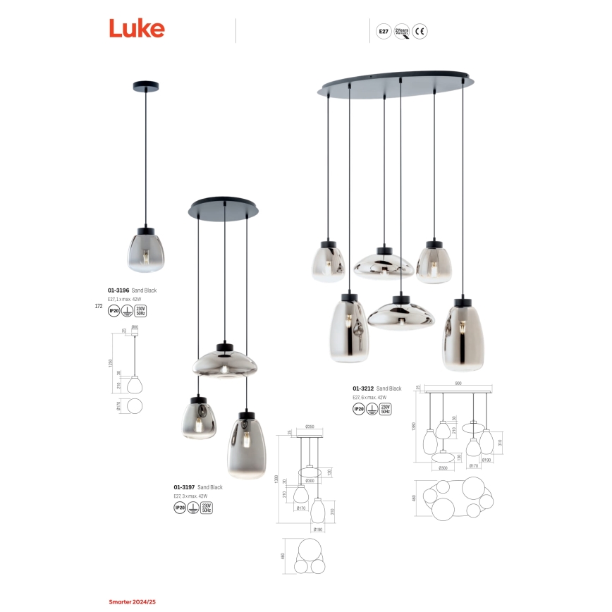 Redo 01-3212 - Ljuskrona med textilsladd LUKE 6xE27/42W/230V svart