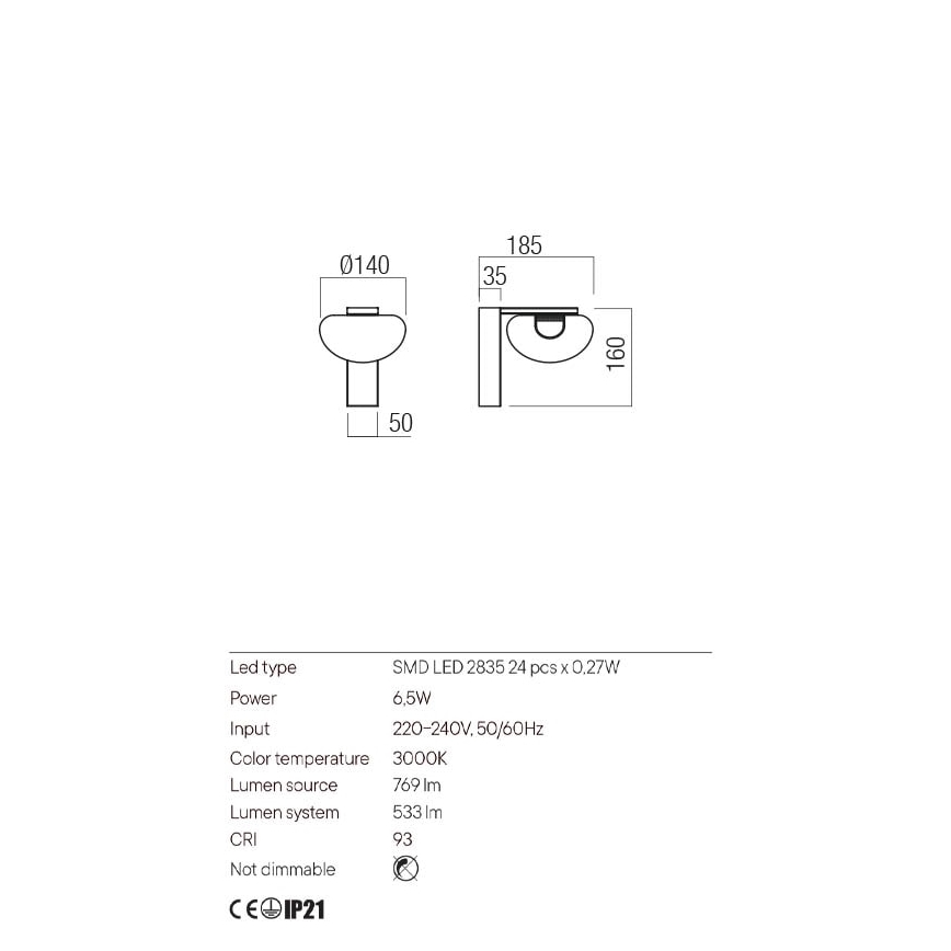 Redo 01-3242 - LED väggbelysning SINCLAIR LED/6,5W/230V CRI 93 IP21 svart