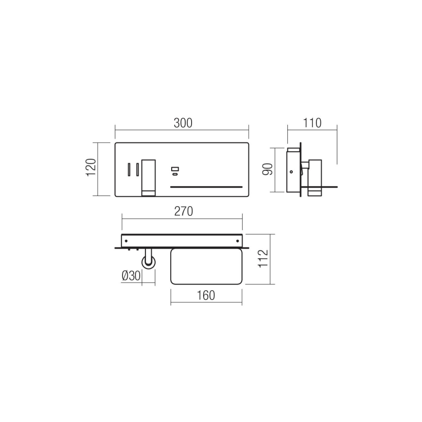 Redo 01-3316 - LED väggspotlight BROOK LED/8W/230V + LED/3W USB CRI 90 svart rätt