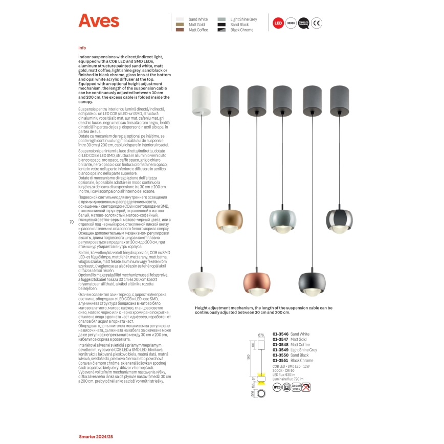 Redo 01-3547 - LED ljuskrona med textilsladd AVES LED/12W/230V diameter 9,6 cm CRI 90 guld