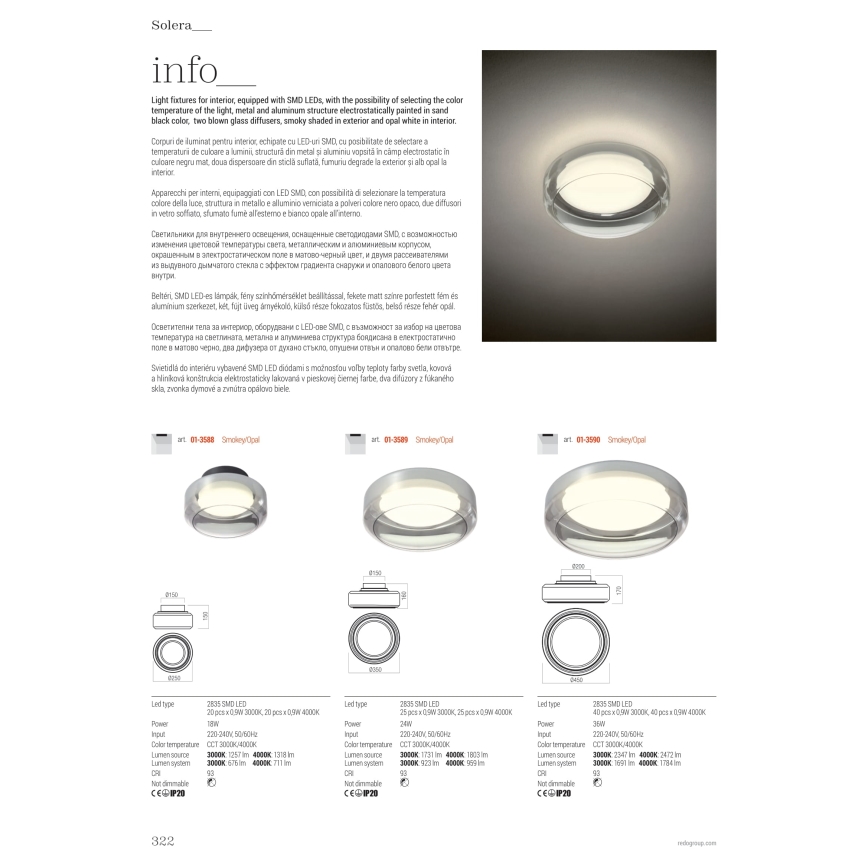 Redo 01-3590 - LED taklampa SOLERA LED/36W/230V diameter 45 cm CRI 93 3000/4000K grå