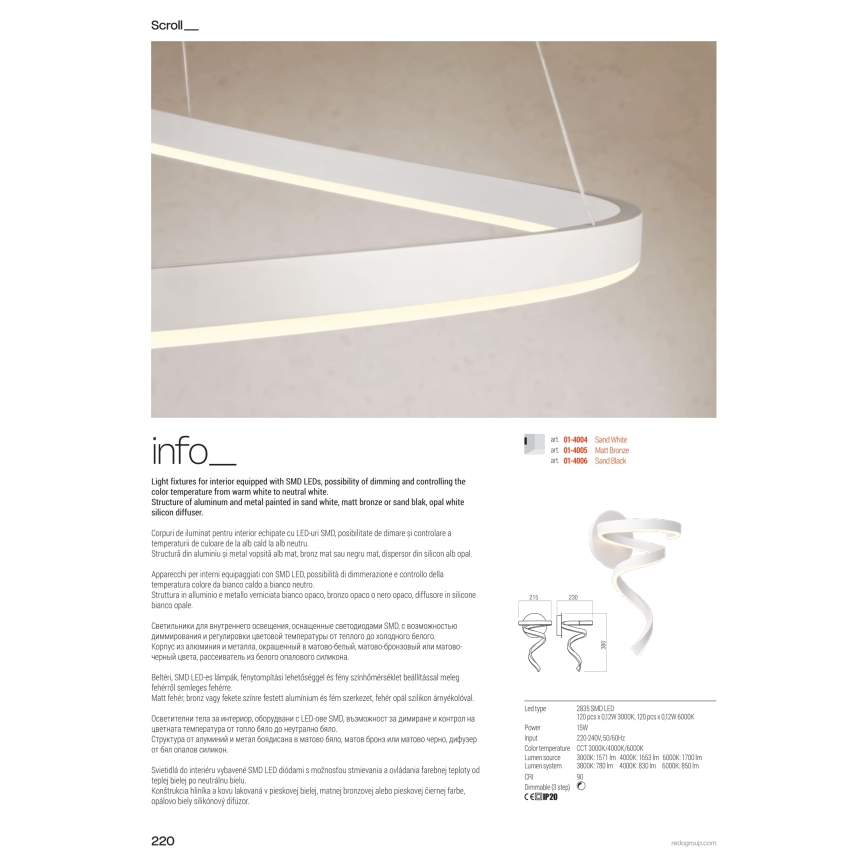 Redo 01-4010 - Dimbar LED-taklampa SCROLL LED/38W/230V 3000K/4000K/6000K CRI 90 Ø 60 cm vit