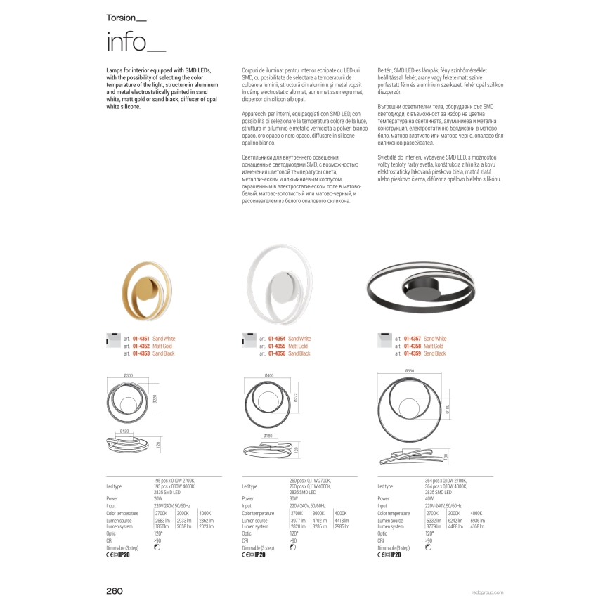 Redo 01-4355 - Dimbar LED-väggarmatur TORSION LED/30W/230V 2700/3000/4000K CRI 90 guld
