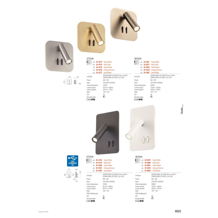 Redo 01-4473 - LED-vägglampa QUDA LED/6W/230V + LED/3W CRI 90 USB, brons