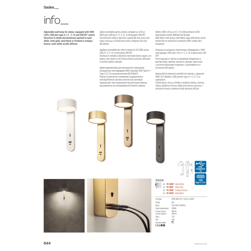 Redo 01-4640 - LED-vägglampa SADES LED/6W/230V CRI 90 USB vit