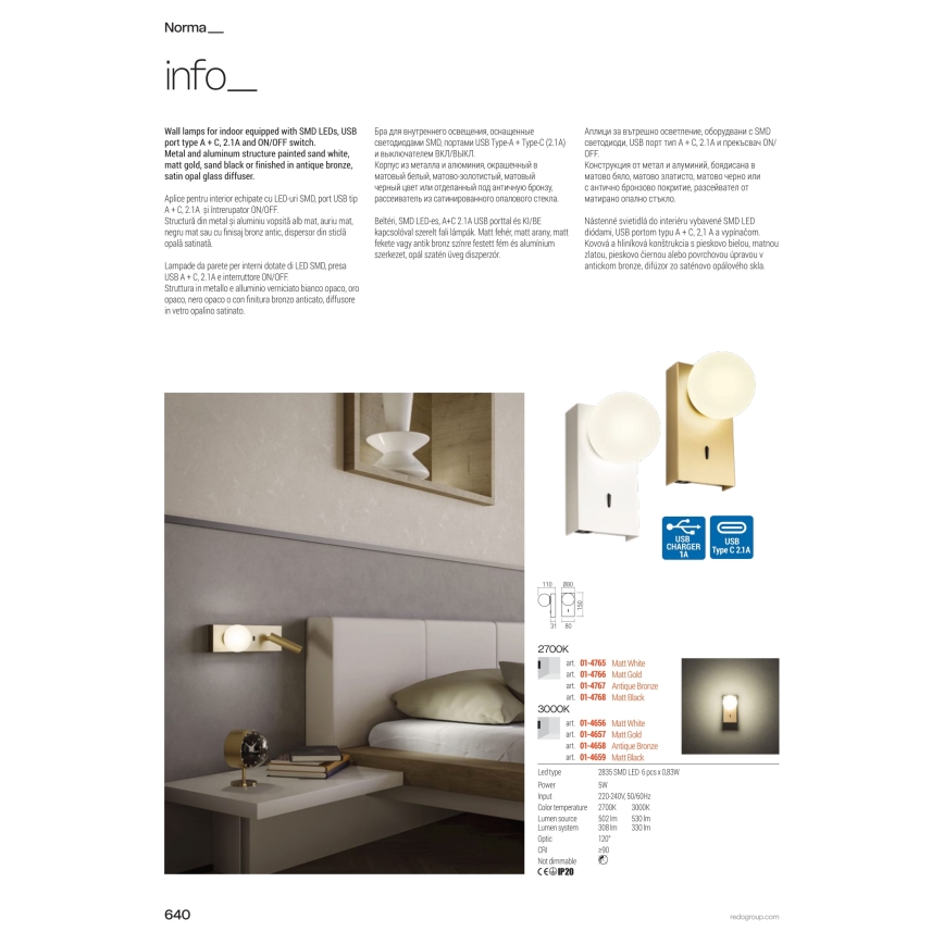 Redo 01-4657 - NORMA LED-vägglampa 5W/230V CRI 90 USB vit/guld