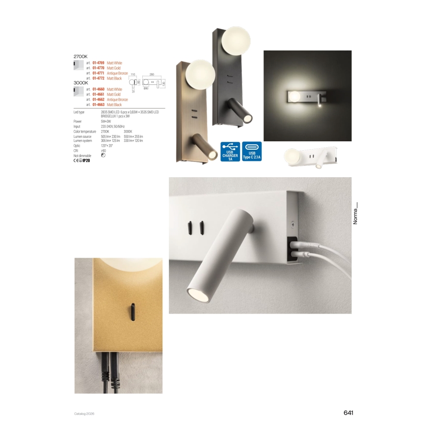 Redo 01-4660 - LED-väggarmatur NORMA LED/5W/230V + LED/3W CRI 90 USB vit