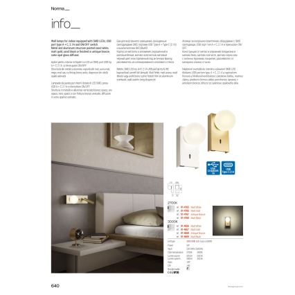 Redo 01-4661 - LED vägglampa NORMA LED/5W/230V + LED/3W CRI 90 USB vit/guld