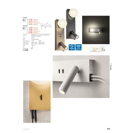 Redo 01-4661 - LED vägglampa NORMA LED/5W/230V + LED/3W CRI 90 USB vit/guld