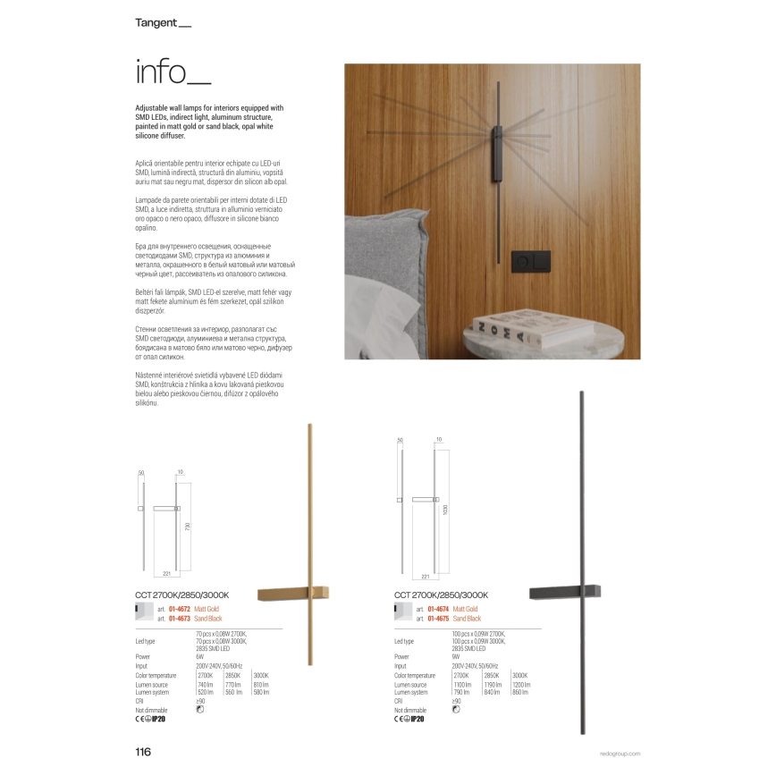 Redo 01-4672 - LED-väggarmatur TANGENT LED/6W/230V 2700/2850/3000K CRI 90 guld