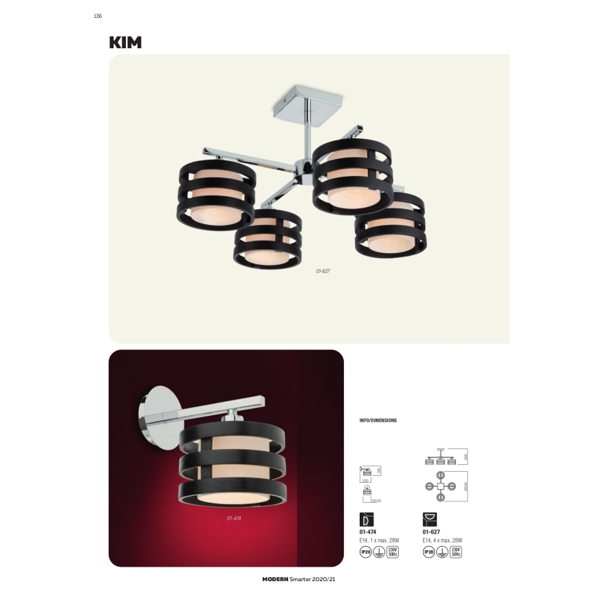 Redo 01-627 - Taklampa på stång KIM 4xE14/28W/230V blankkrom/svart