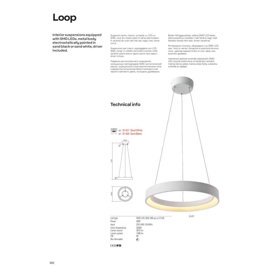 Redo 01-671 - LED ljuskrona med textilsladd LOOP LED/38W/230V diameter 45 cm vit