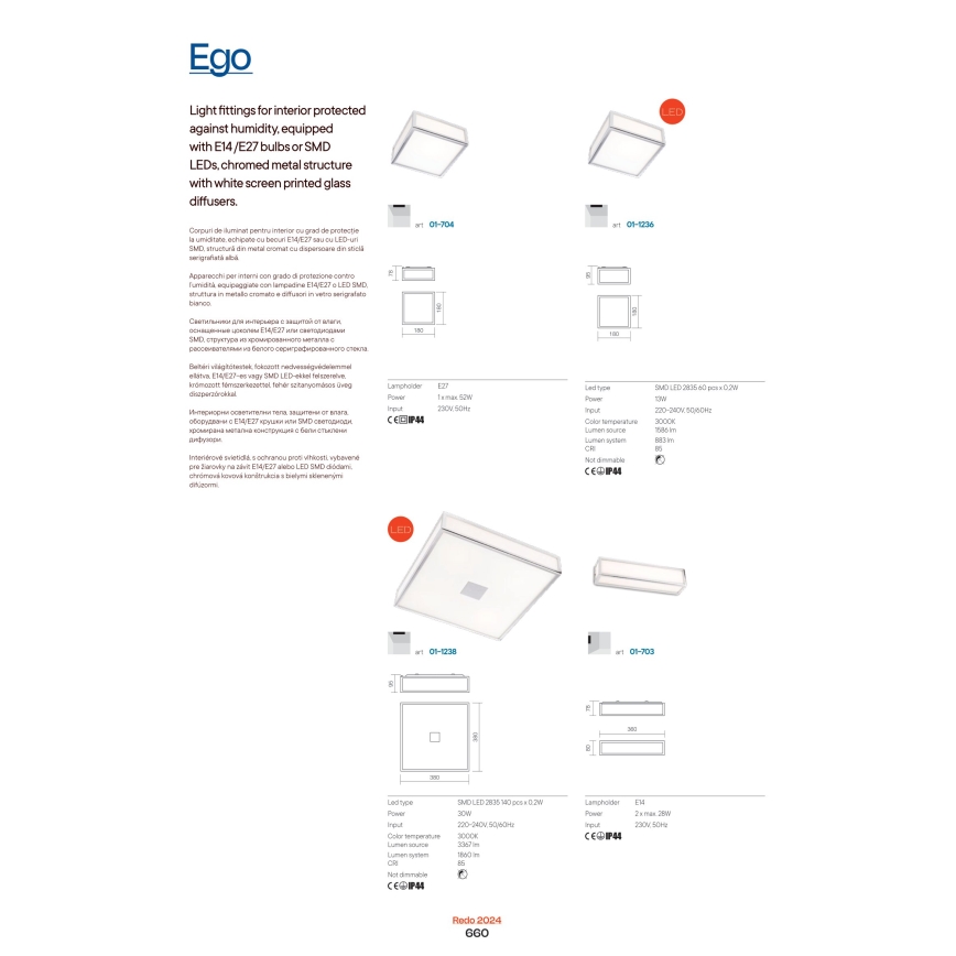 Redo 01-704 - Badrum takbelysning EGO 1xE27/52W/230V 18x18 cm IP44