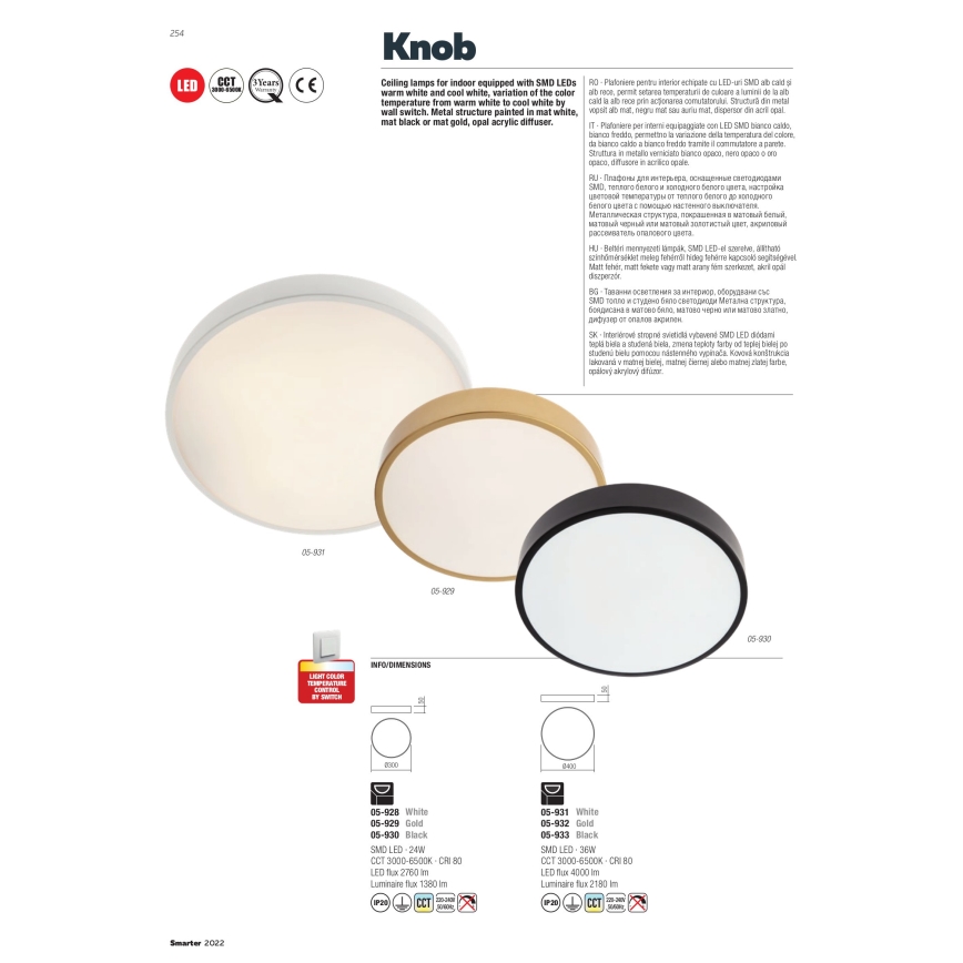 Redo 05-932 - LED Taklampa KNOB LED/36W/230V 3000K-6500K 40 cm guld