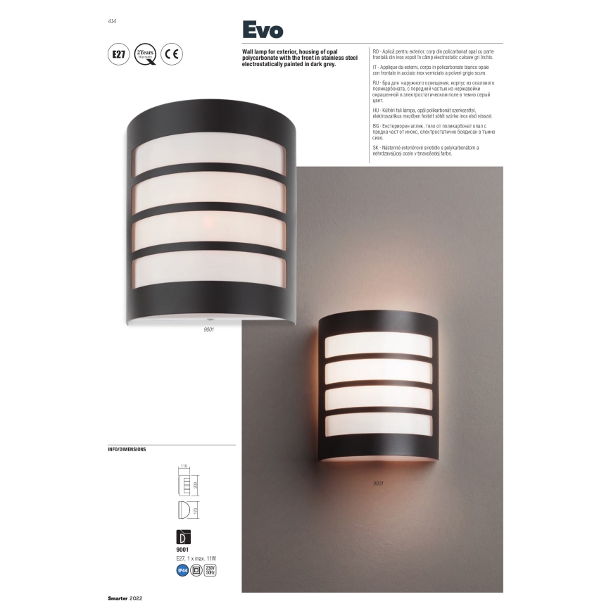 Redo 9001 - Vägglampa för utomhusbruk EVO 1xE27/11W/230V IP44