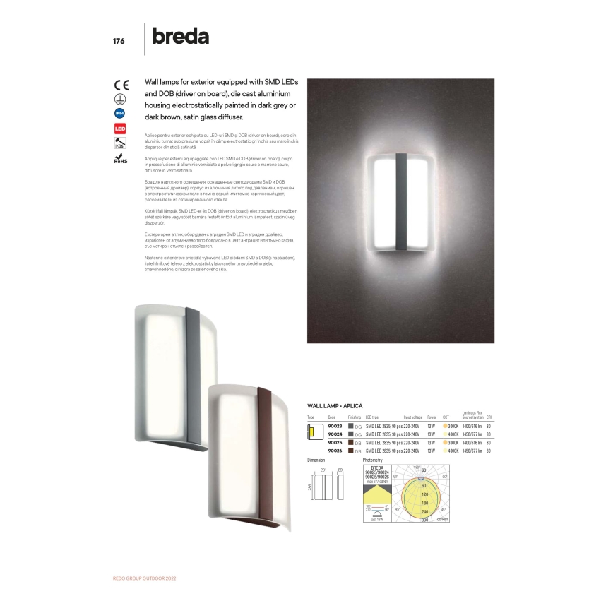 redo 90023 - Utomhus LED Väggbelysning BREDA 1xLED/12W/230V IP54