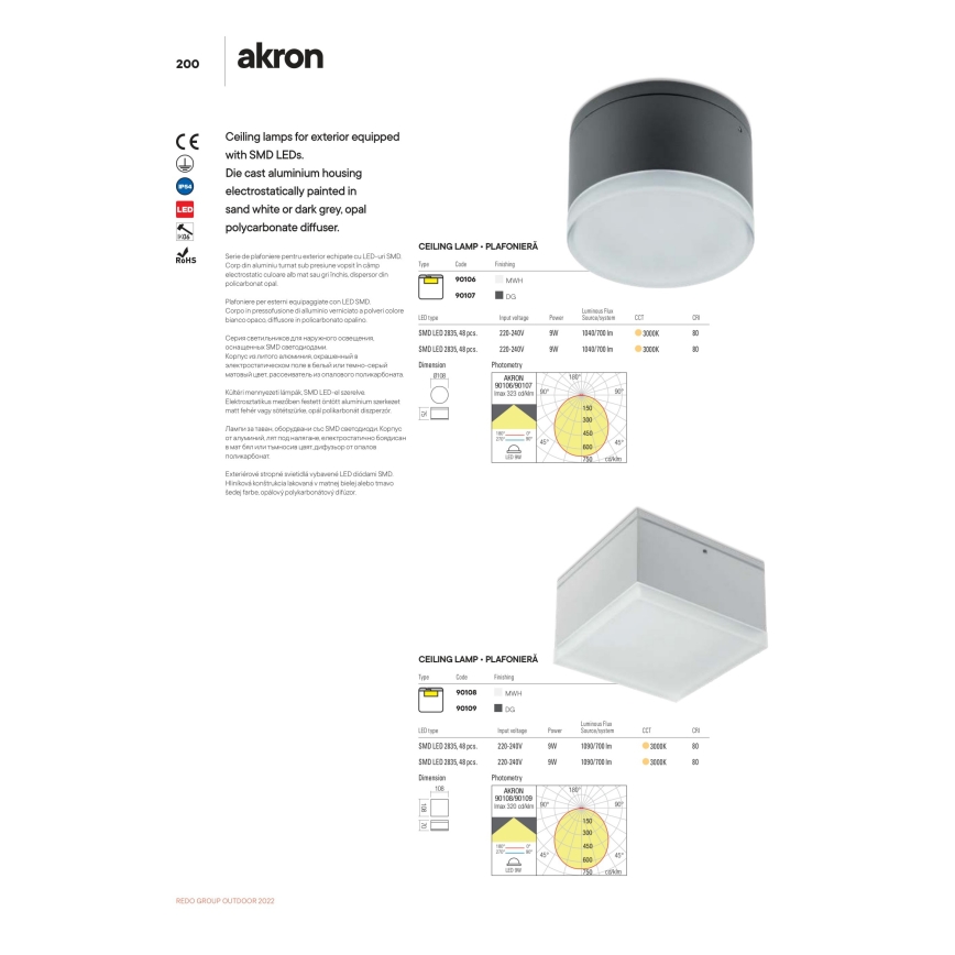 Redo 90107 - LED taklampa för utomhusbruk AKRON 1xLED/9W/230V diameter 10,8 cm IP54