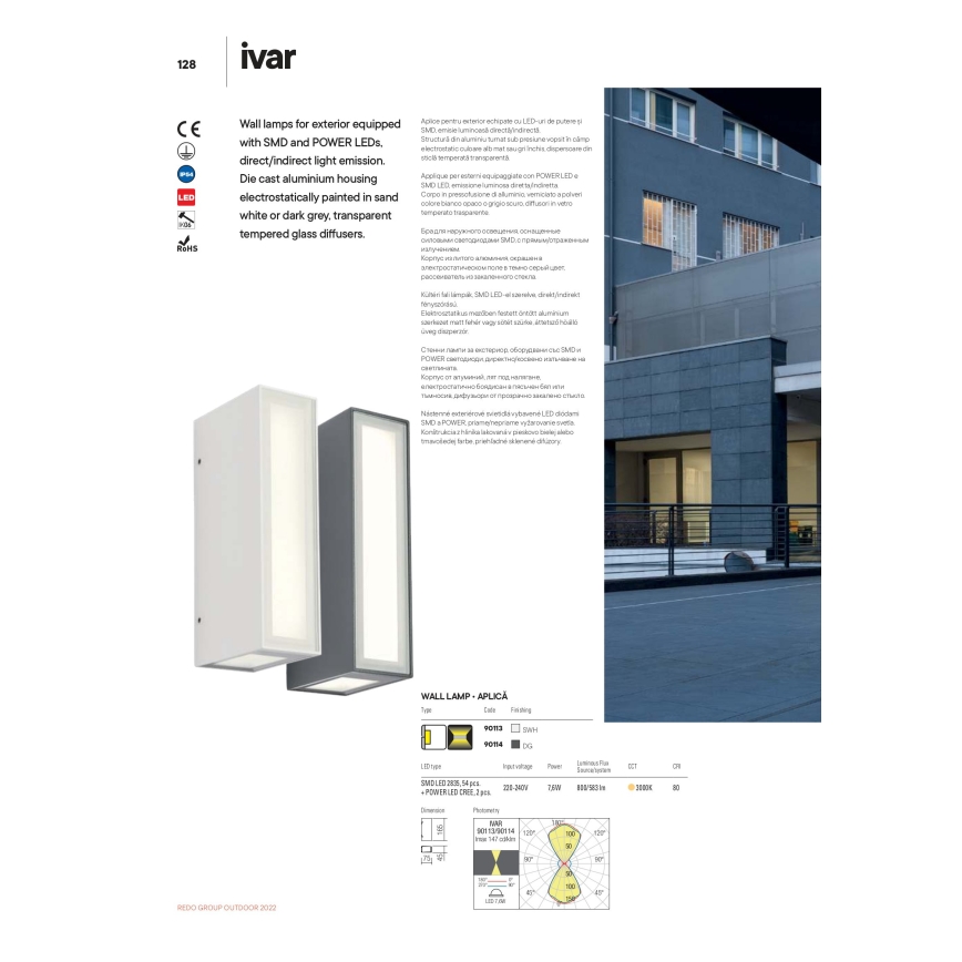 Redo 90114 - LED vägglampa för utomhusbruk IVAR LED/7,6W/230V IP54 antracit