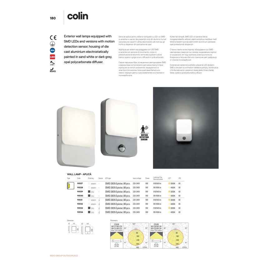 redo 90133 - Utomhus LED Väggbelysning med sensor COLIN 1xLED/9W/230V IP54