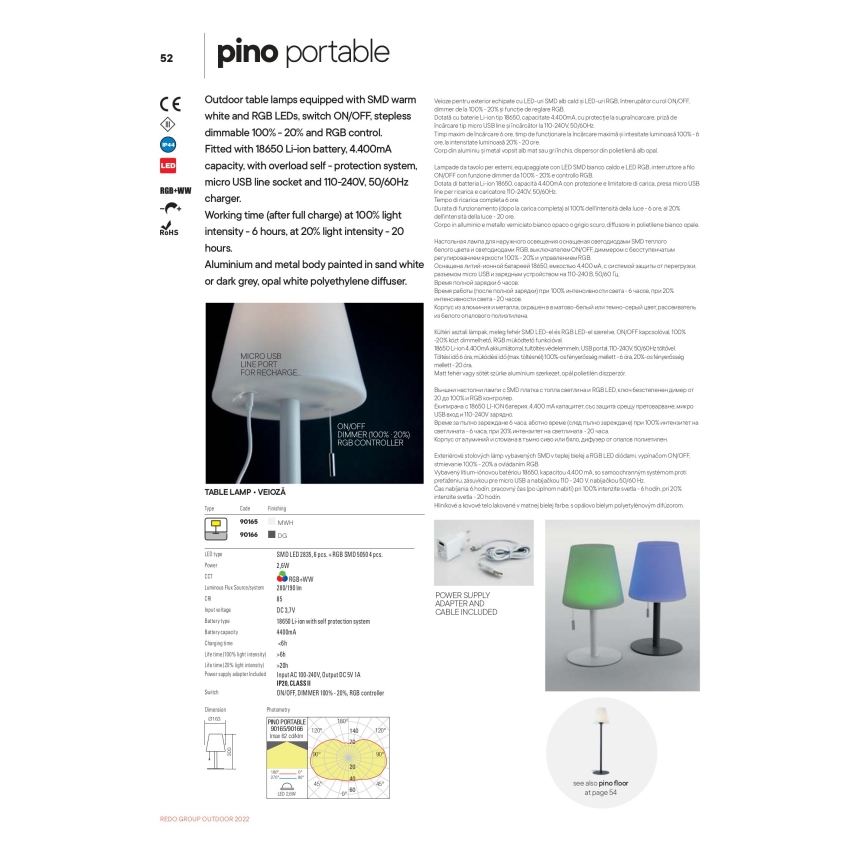 Redo 90166 - LED RGB Dimbar utomhus bordslampa PINO LED/2,6W/230V 4400 mAh IP44