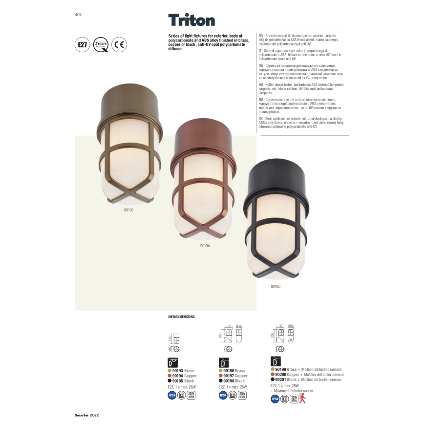 Redo 90199 - Utomhuslampa med sensor TRITON 1xE27/28W/230V IP54 mässing