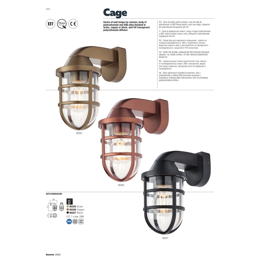 Redo 90206 - Vägglampa för utomhusbruk CAGE 1xE27/28W/230V IP44 koppar