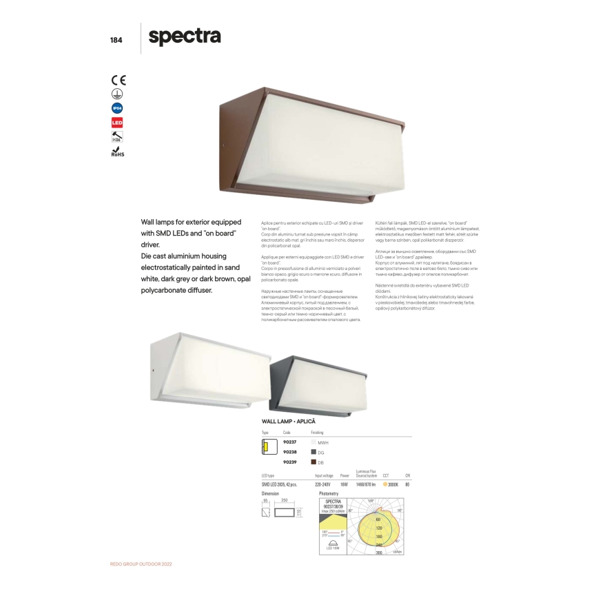 Redo 90239 - LED vägglampa för utomhusbruk SPECTRA LED/16W/230V 3000K IP54 brun