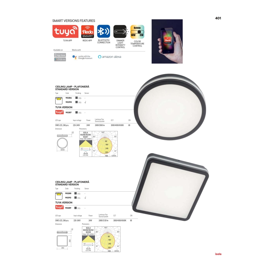 Redo 90288 - LED taklampa för utomhusbruk ISOLA LED/24W/230V 26x26 cm 3000/4000/6500K IP54 antracit