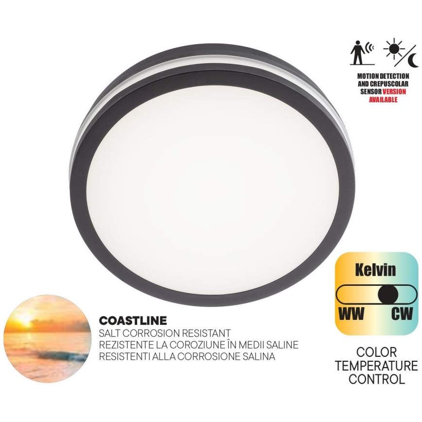 Redo 90290 - LED taklampa för utomhusbruk med sensor ISOLA LED/24W/230V diameter 26 cm 3000/4000/6500K IP54 antracit