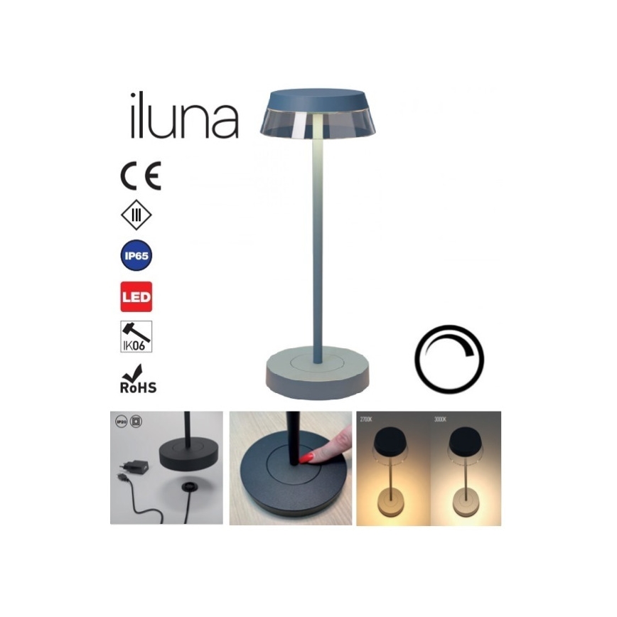 Redo 90310 - LED ljusreglerad bordslampa touch ILUNA LED/2,5W/5V 2700-3000K 3000 mAh IP65 blå