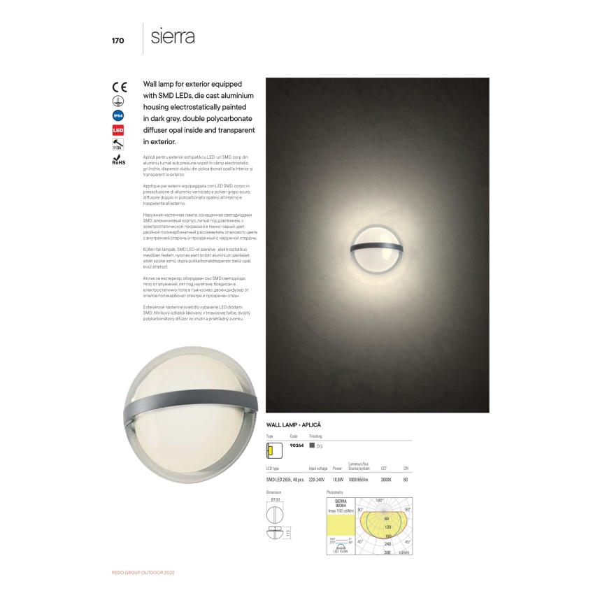 Redo 90364 - LED vägglampa för utomhusbruk SIERRA LED/10,8W/230V IP54