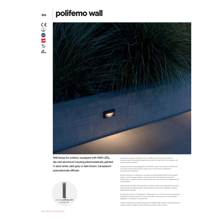 Redo 90425 - LED vägglampa för utomhusbruk POLIFEMO LED/8W/230V IP65 vit
