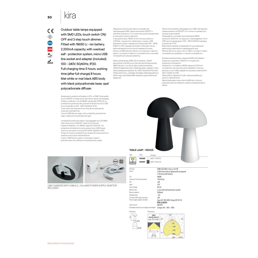 Redo 90438 - LED-dimmbar beröringsstyrd utomhuslampa KIRA LED/4,7W/230V 2200 mAh IP44 vit